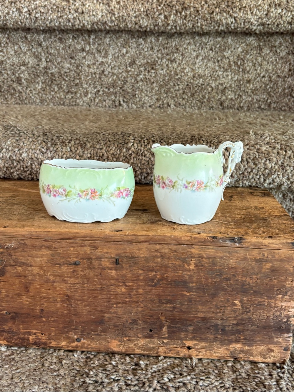Vintage Porcelain Creamer and Sugar Bowl Set in Green and White